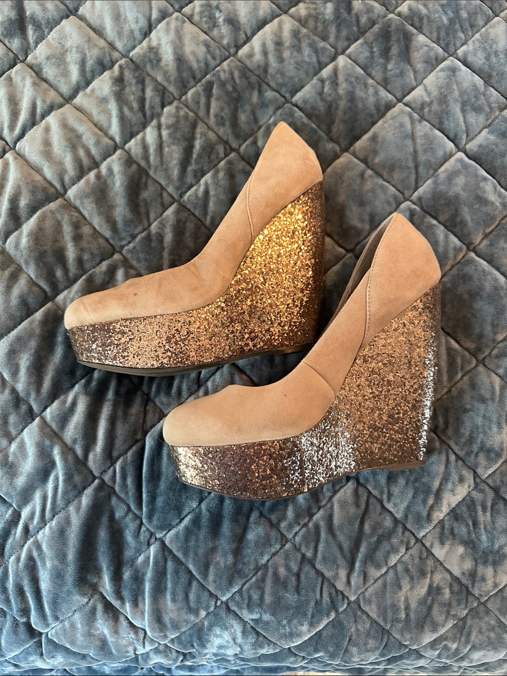 Aldo Taupe Suede Wedge Pumps with Gold Glitter Platform